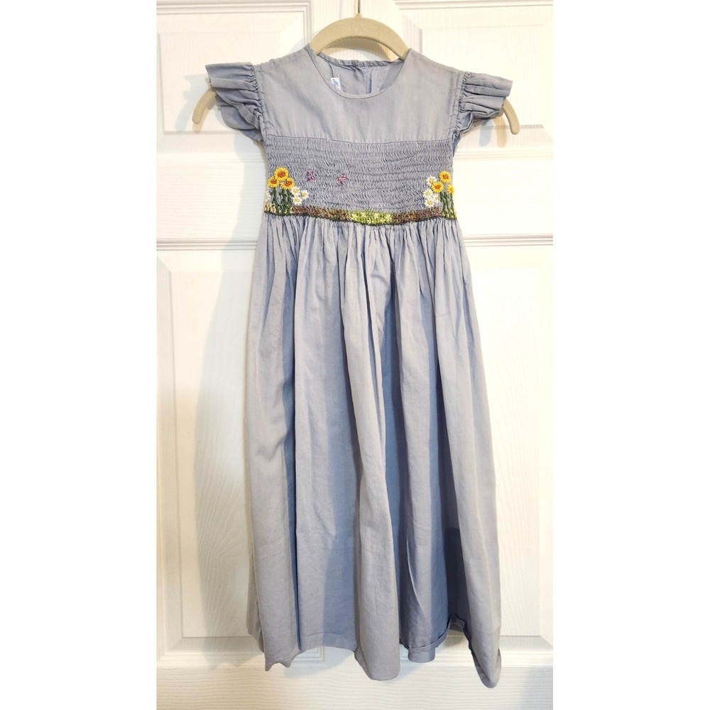 Mela Wilson Hand Smocked Daisies Butterflies French Blue Tie Back Dress Size 6